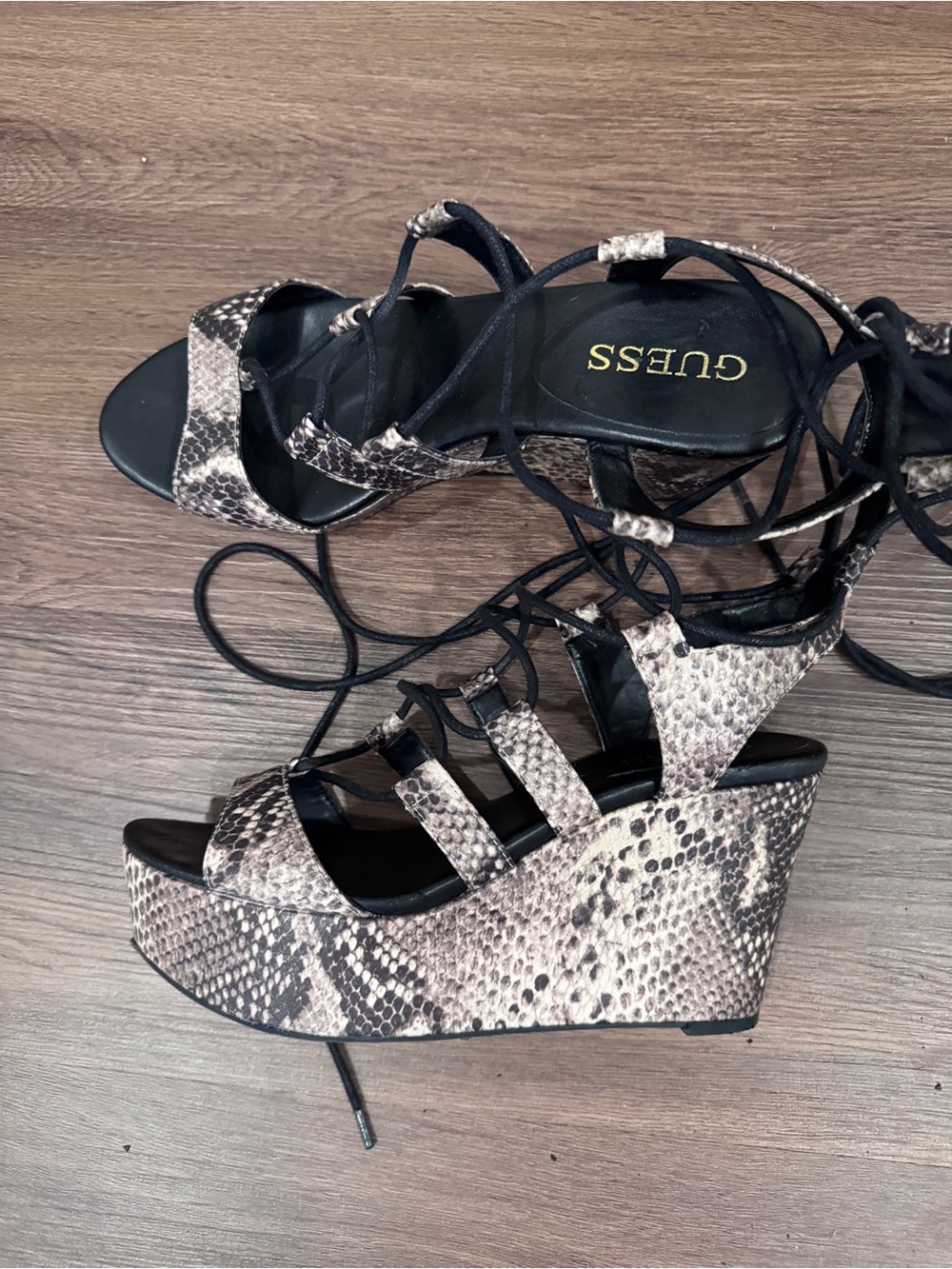 GUESS Snake-Print Lace-Up Wedge Sandals 8.5